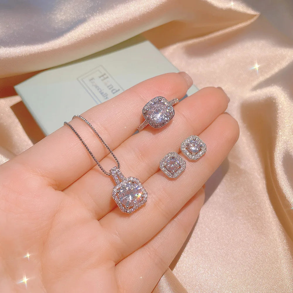 3pcs Square Necklace, Earrings, Ring Set