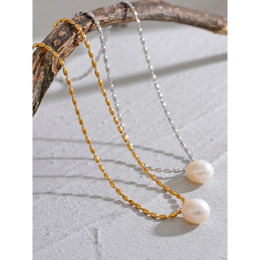 Pearl Pendant Rice Bead Chain Necklace
