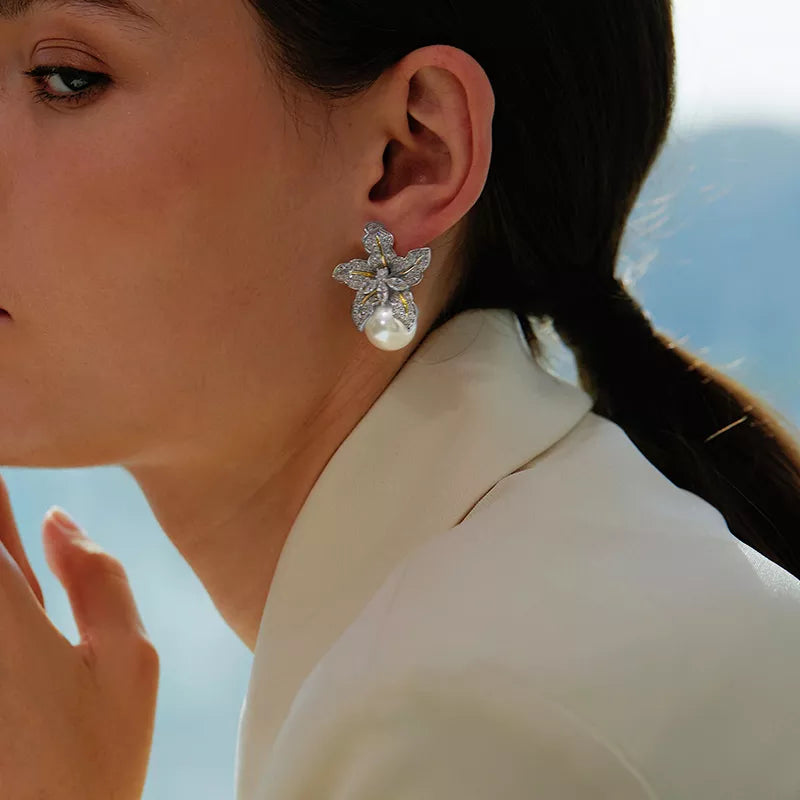 Two Tone Flower Statement Pearl Earrings