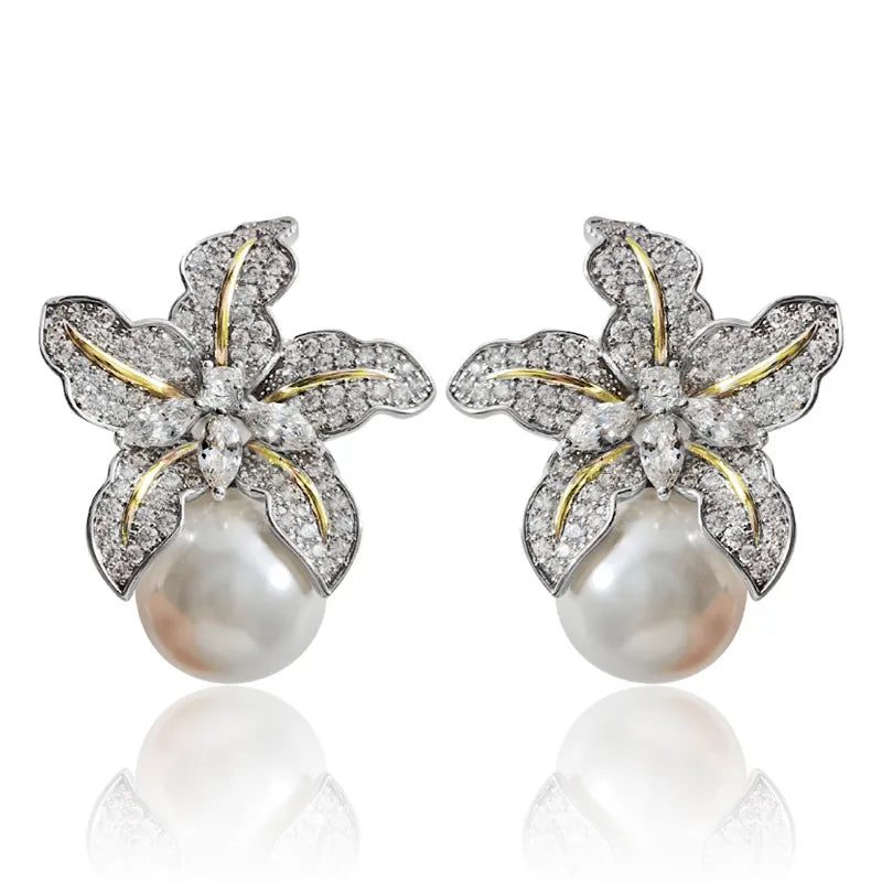 Two Tone Flower Statement Pearl Earrings