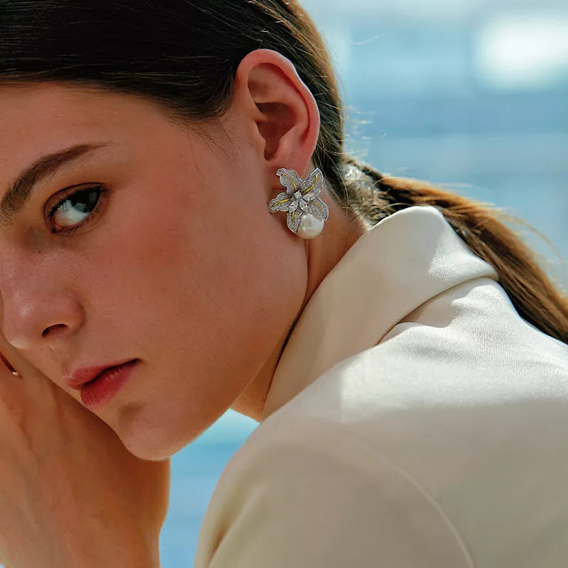 Two Tone Flower Statement Pearl Earrings