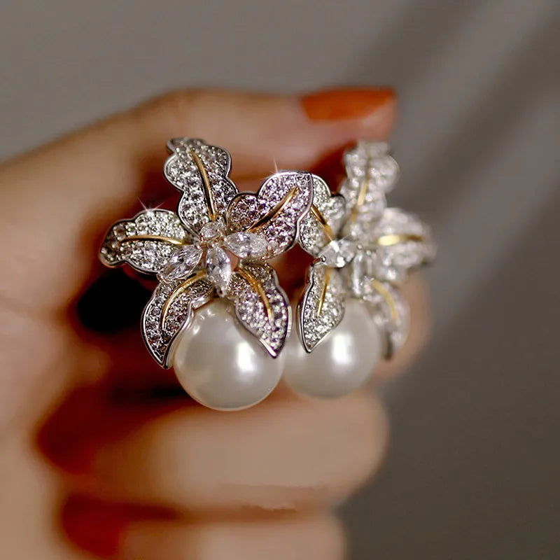 Two Tone Flower Statement Pearl Earrings