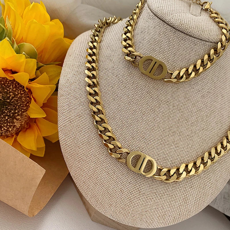Cuban Double D Necklace Bracelet Sets